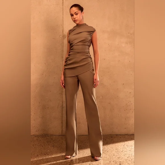 PLT Label Dark Taupe Tailored Extreme Ruched Asymmetric Top Size 12 - Picture 1 of 16